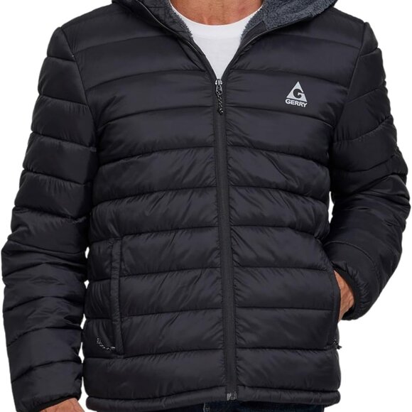 Stylish Black Puffer Jacket for Men with Sherpa Hood & Durable Construction